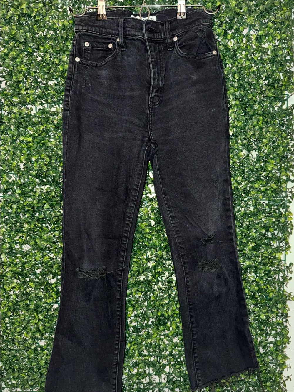 High-Rise Black Flare Jeans with Knee Distress